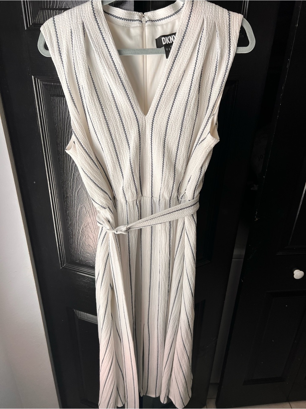 DKNY Ivory Midi Dress with Navy Pinstripes and Self-Tie Belt